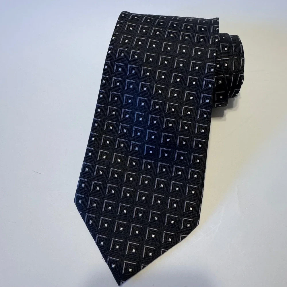 Croft & Barrow Black 100% Silk Tie Geometric Square Pattern‎ Formal Career
